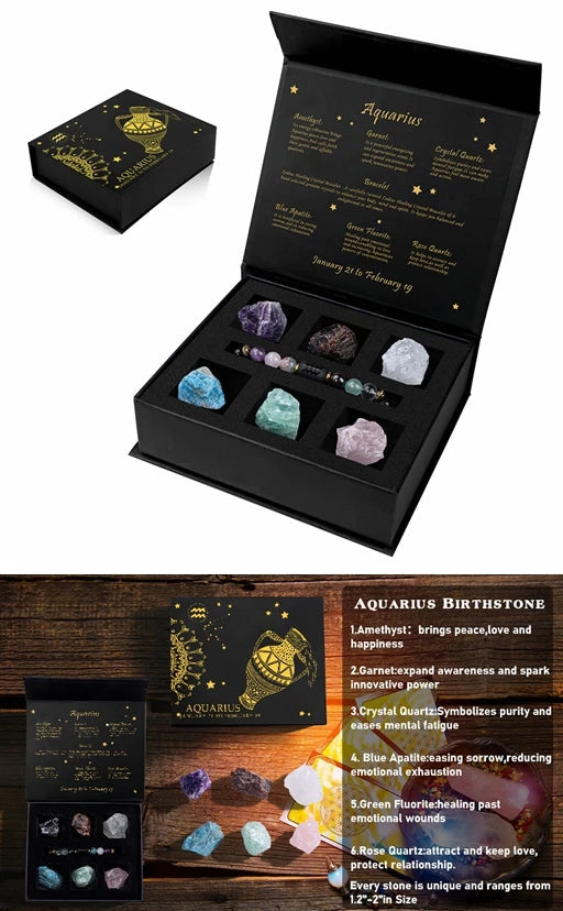 Crystal set with packaging and bracelet, accompanied by text about Aquarius birthstone.