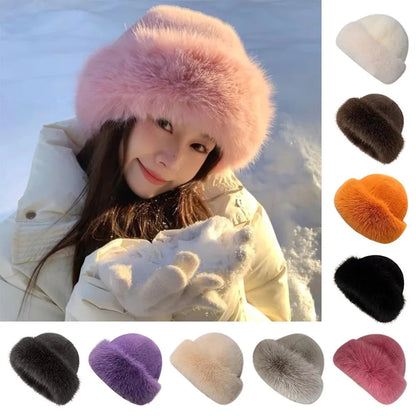 Woman wearing a pink fur hat with colour swatches of other fur hats displayed.