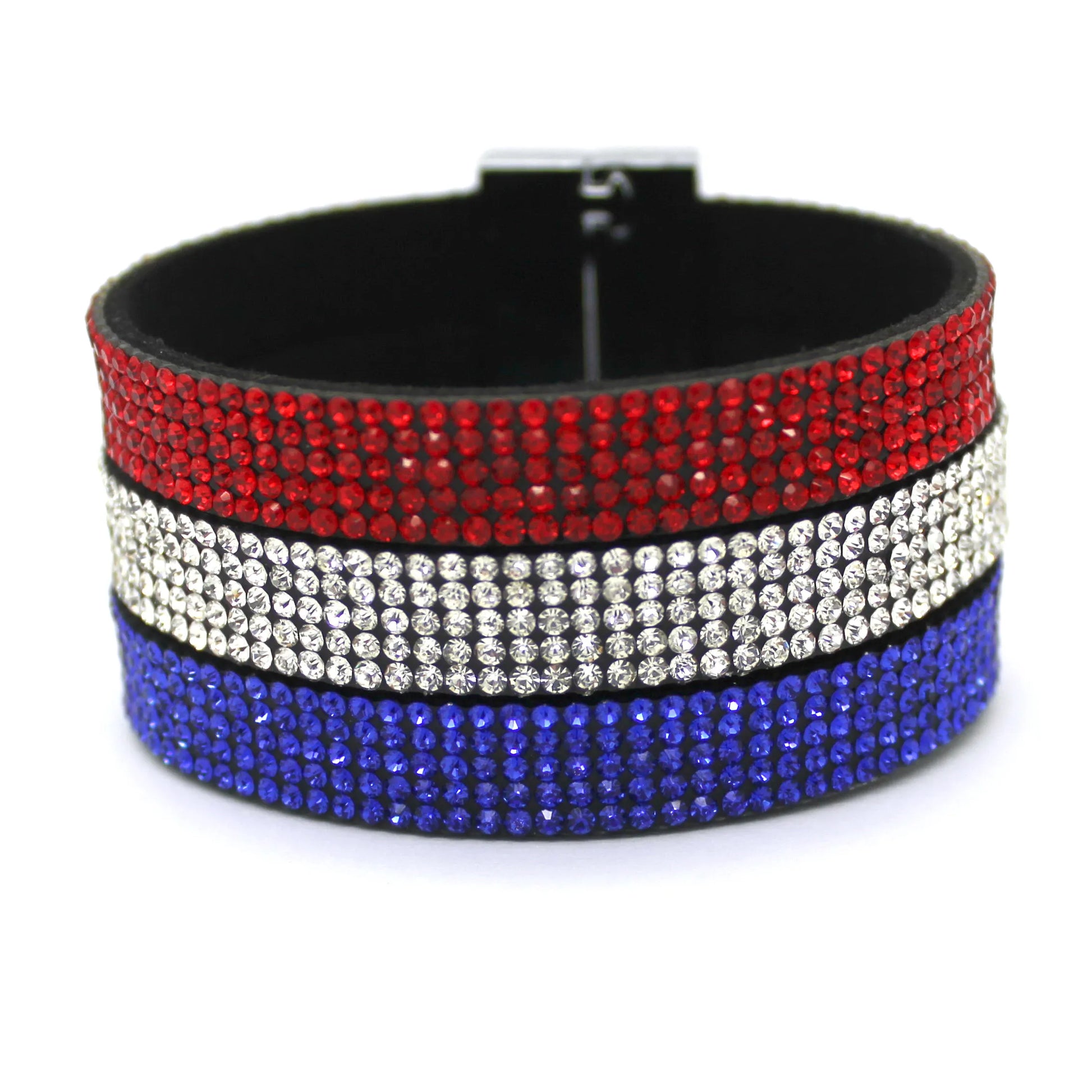 Wide bracelet with red, white, and blue rhinestone pattern on a white background