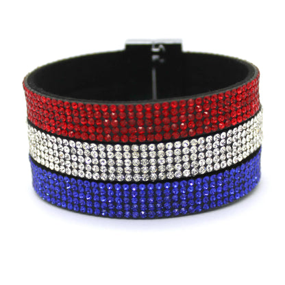 Wide bracelet with red, white, and blue rhinestone pattern on a white background