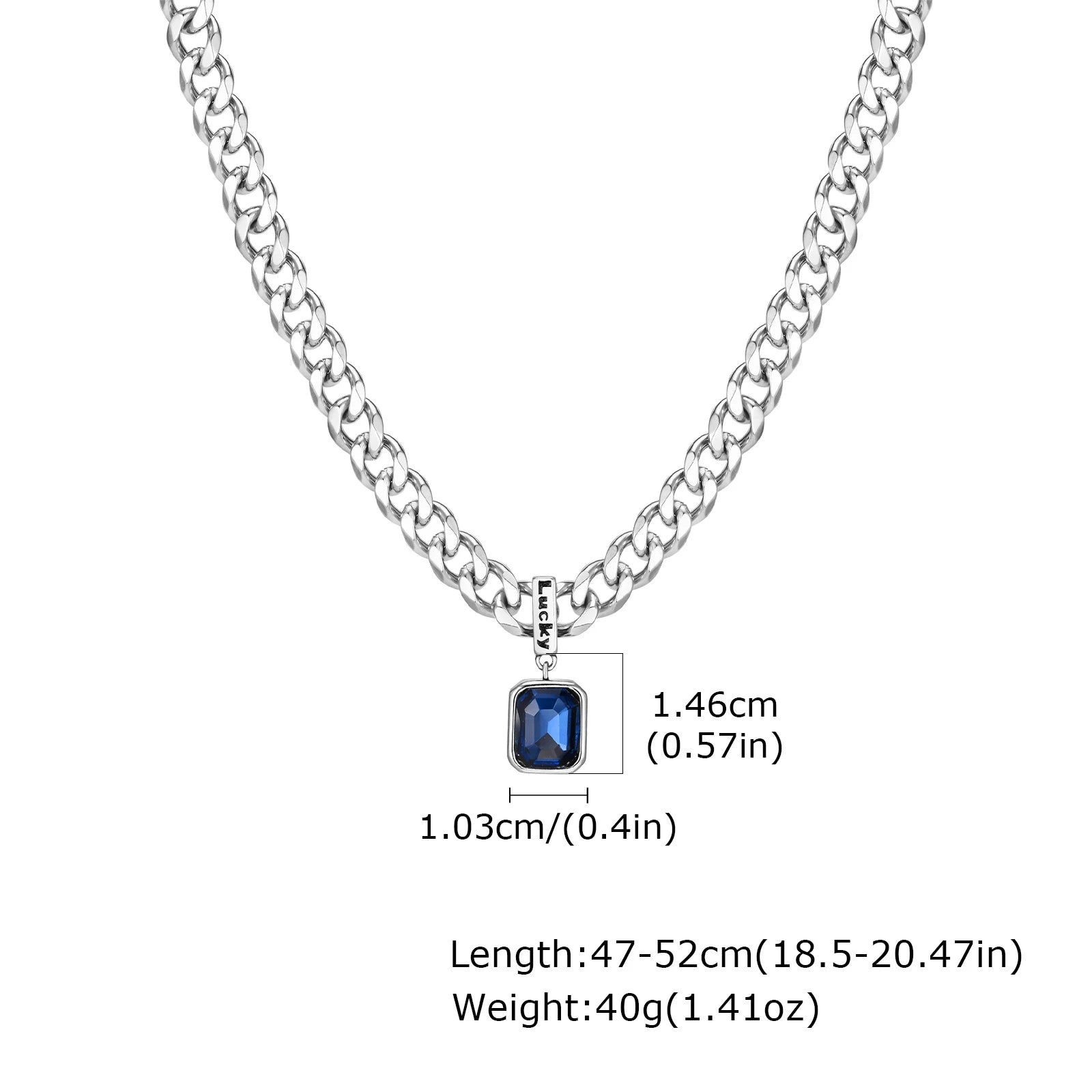 Silver chain necklace with pendant on a white background, showing measurements.