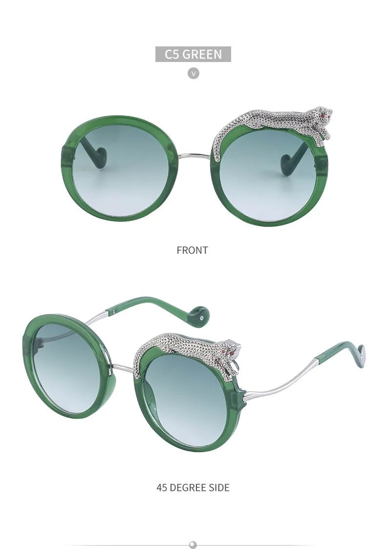 Green sunglasses with decorative arm on a white background