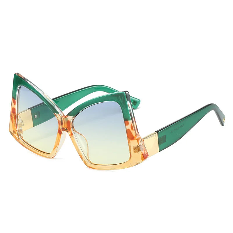 Sunglasses with green and orange frame on a white background