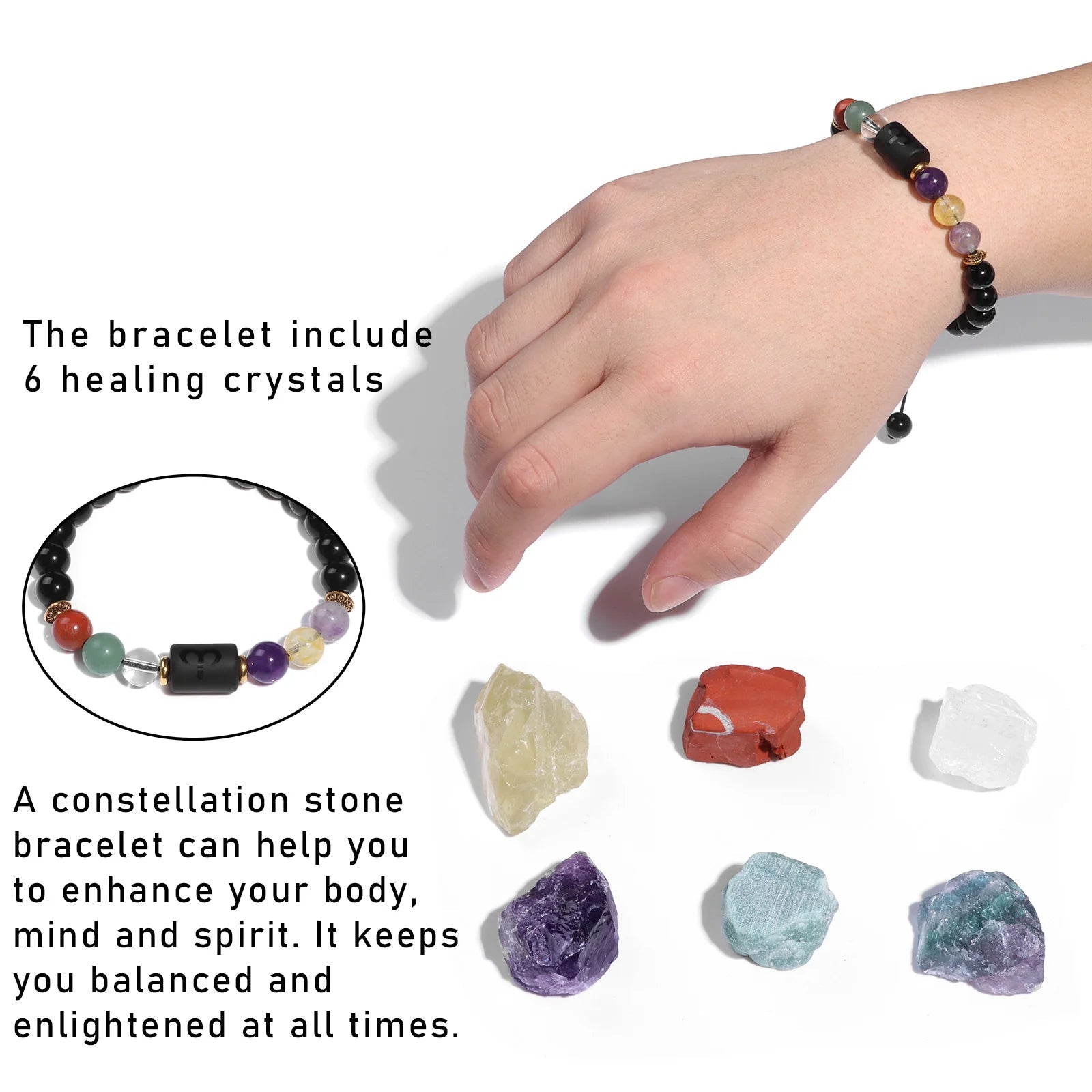 Hand wearing a constellation stone bracelet with healing crystals displayed below.