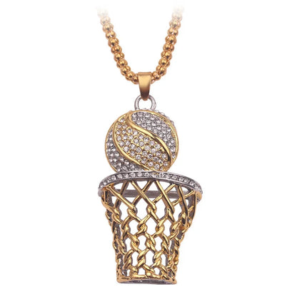 Gold basketball hoop and ball pendant on a chain against a white background