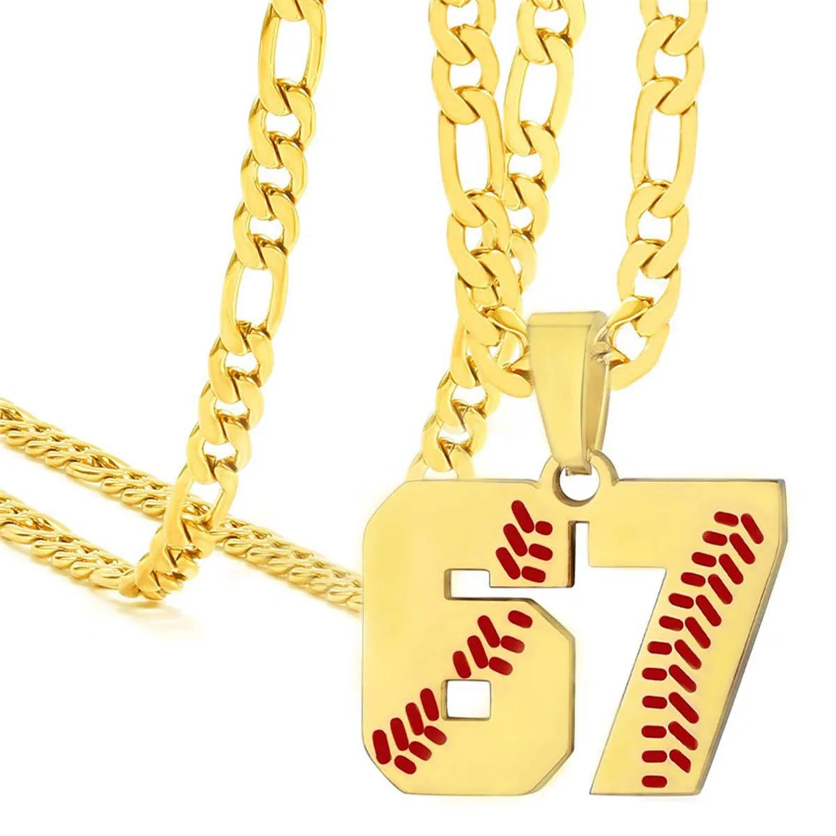 Gold necklace with a number 67 pendant on a white background