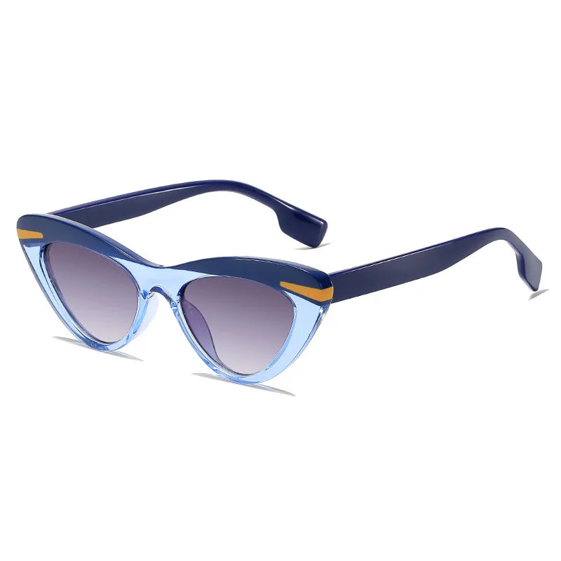 Blue and clear cat-eye sunglasses on a white background