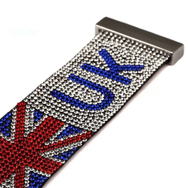 Watch strap with Union Jack design and 'UK' text.