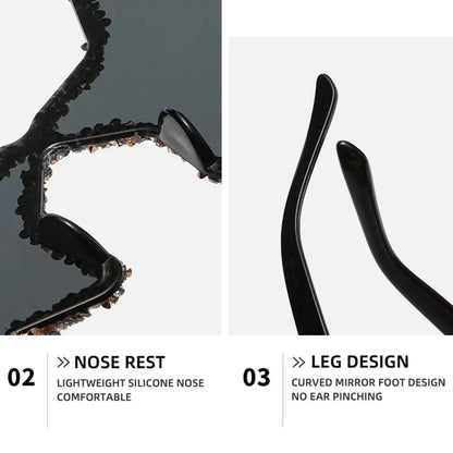 Glasses with nose rest and leg design features on a white background