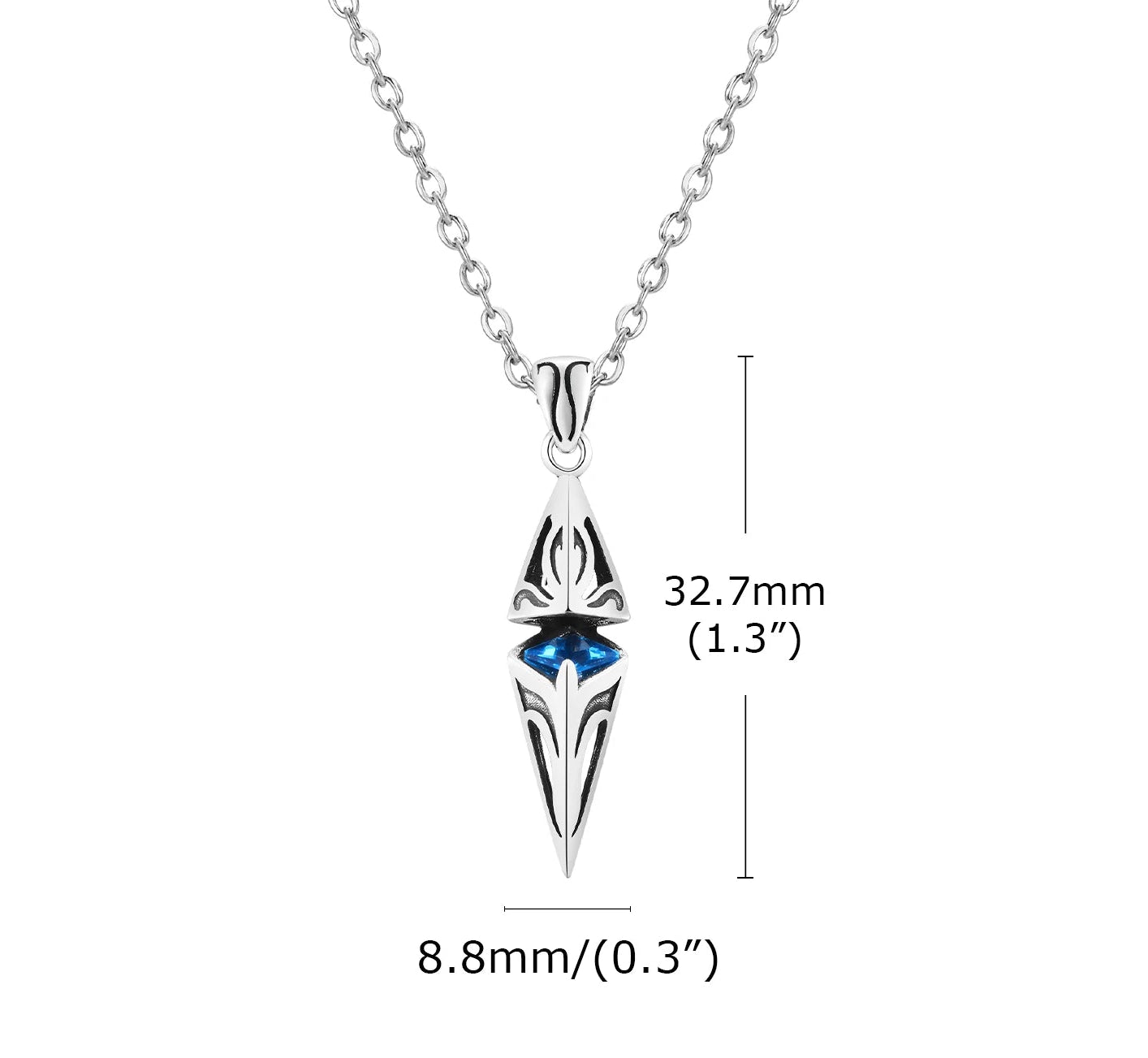 Silver necklace with a blue gemstone, shown with measurements on a white background.