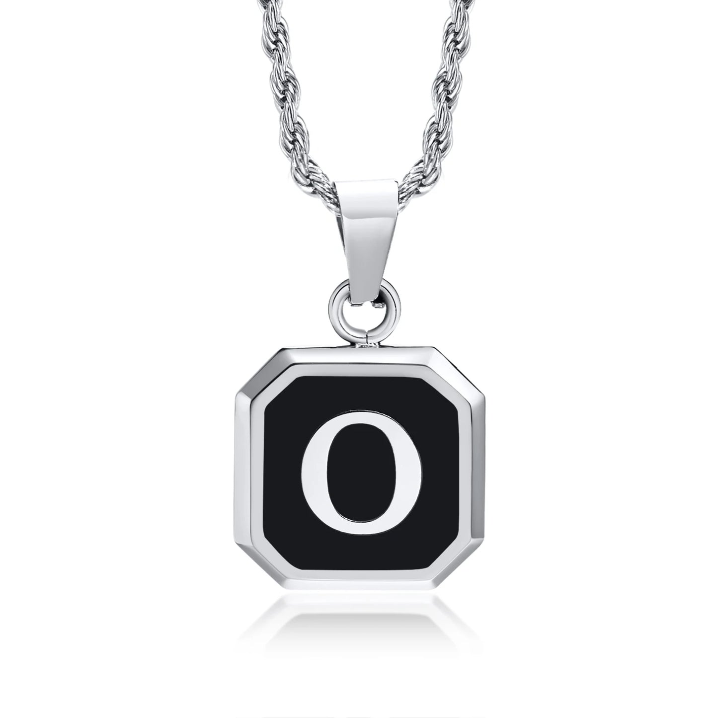 Necklace with a black pendant featuring the letter 'O' on a white background