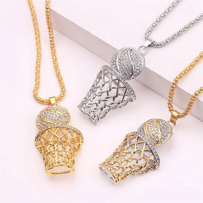 Basketball hoop pendants on gold and silver chains against a white background