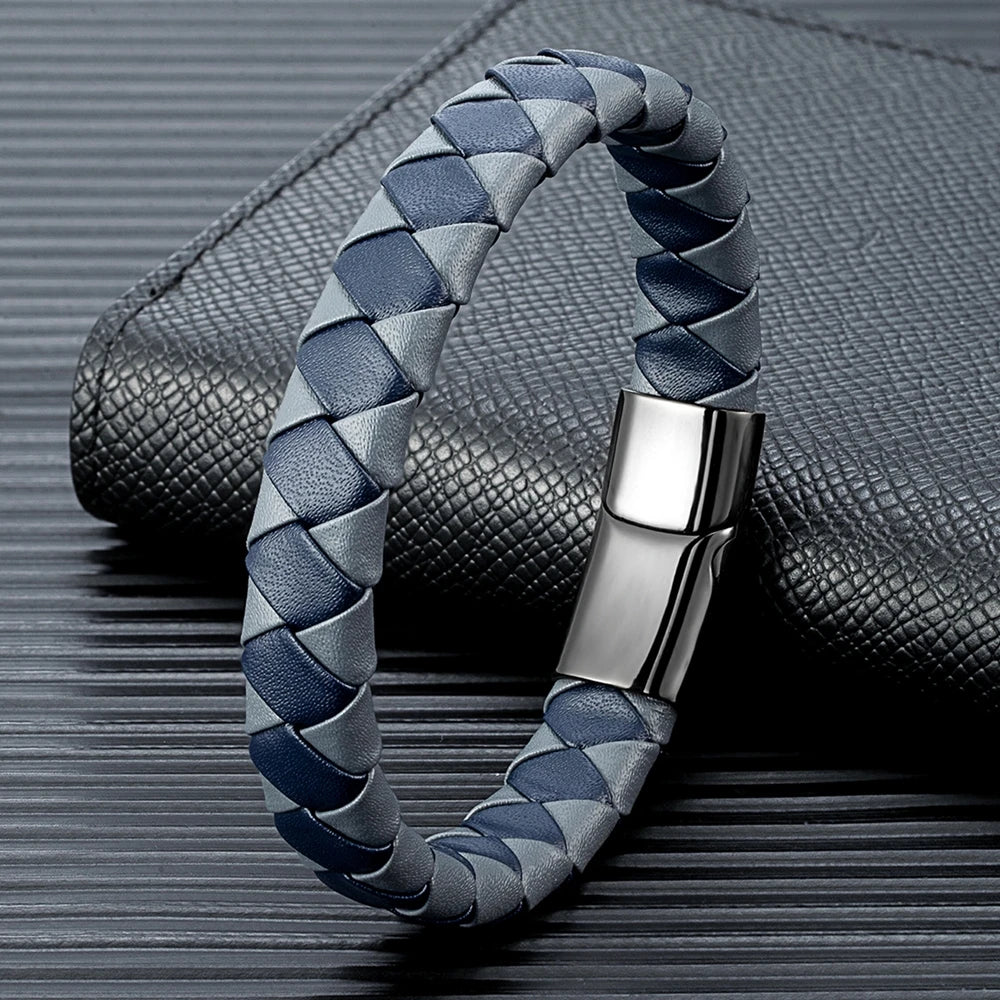 Grey and blue braided pattern leather bracelet