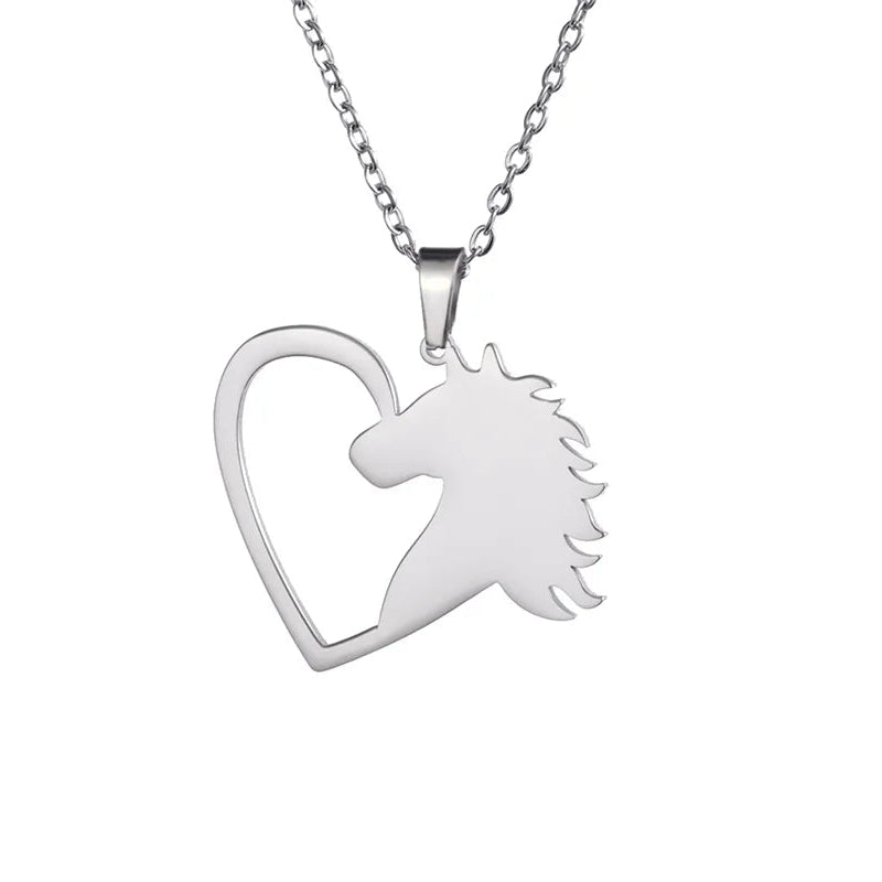 Silver necklace with horse head design on a white background