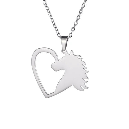 Silver necklace with horse head design on a white background