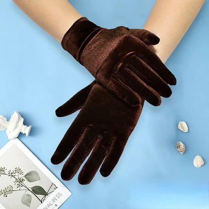 Brown gloves on a light blue background with decorative elements.