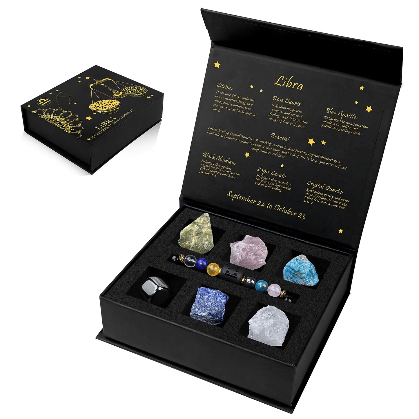 Black box with astrological stone set labeled 'Libra' on a white background