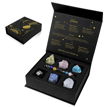 Black box with astrological stone set labeled 'Libra' on a white background