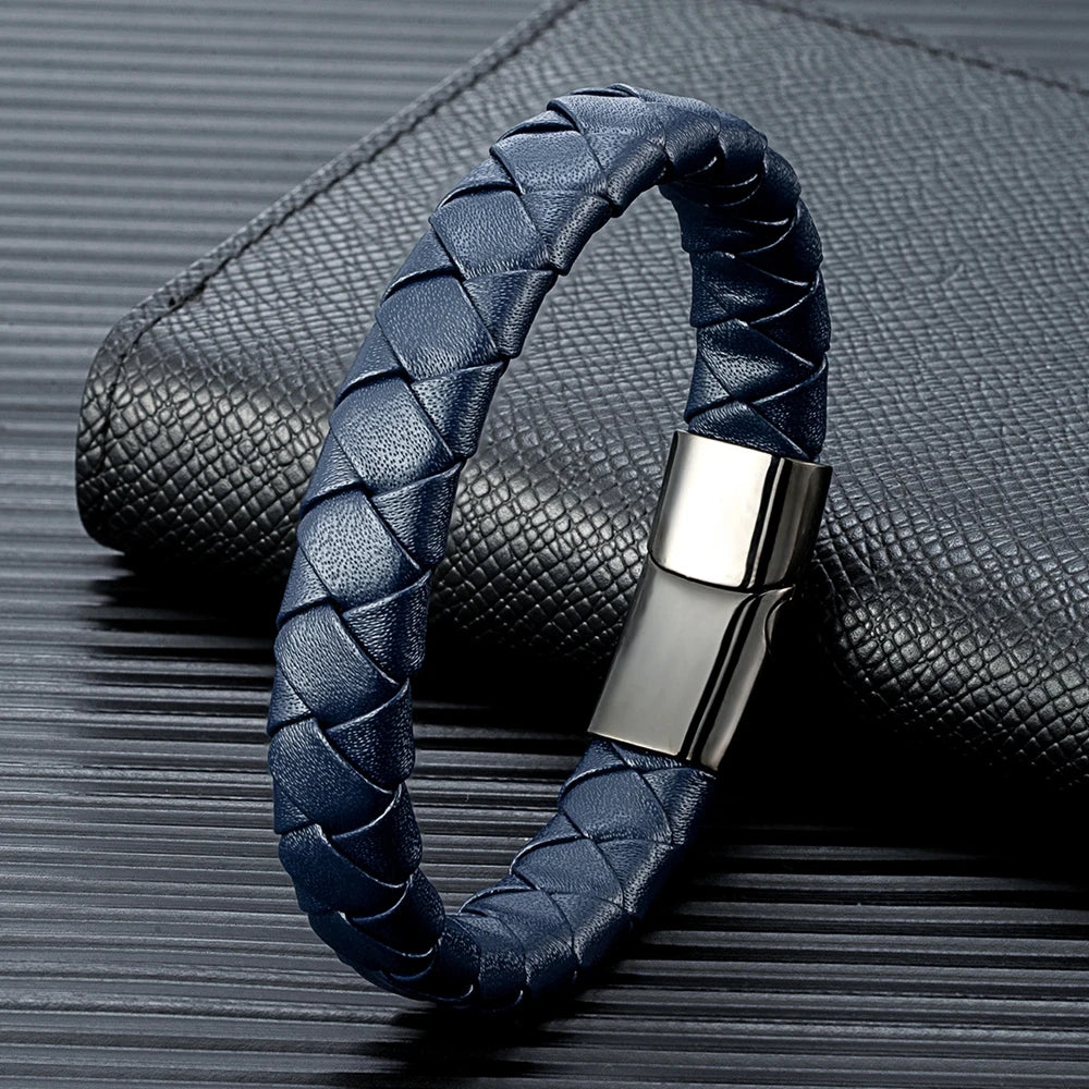 navy blue braided pattern leather bracelet with black metal clasp
