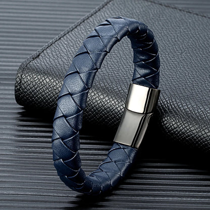 navy blue braided pattern leather bracelet with black metal clasp