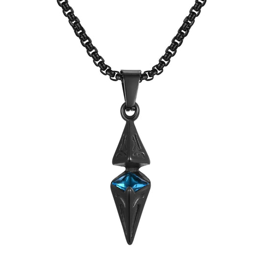 Black pendant necklace with blue gemstone on a white background.