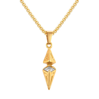 Gold pendant necklace with measurements on a white background
