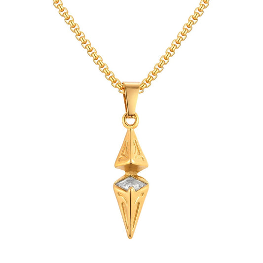 Gold pendant necklace with measurements on a white background