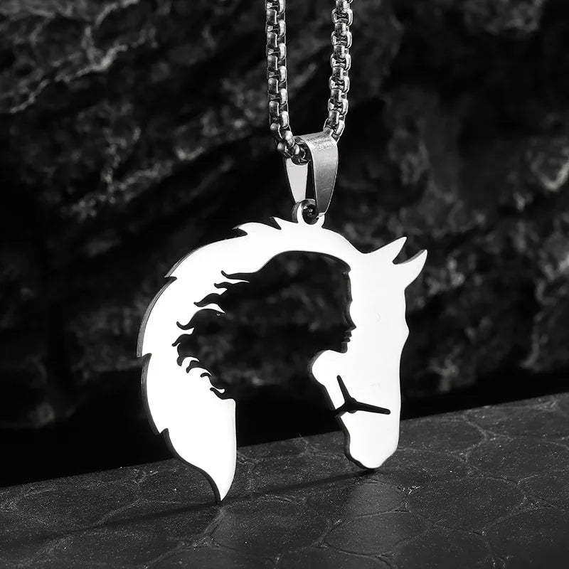 Horse Head & Woman Silhouette Pendant Necklace